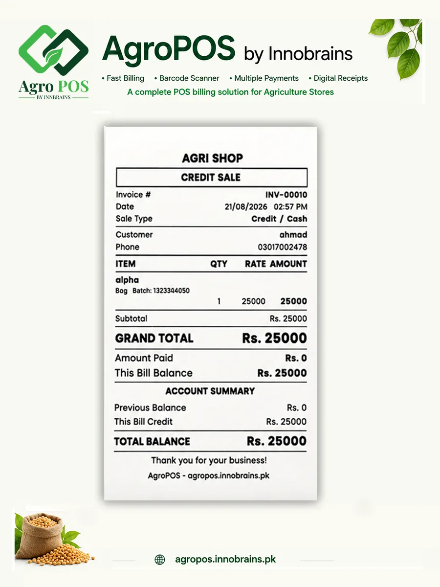 Printed invoice from AgroPOS agriculture POS software for a khaad and dawai shop in Pakistan